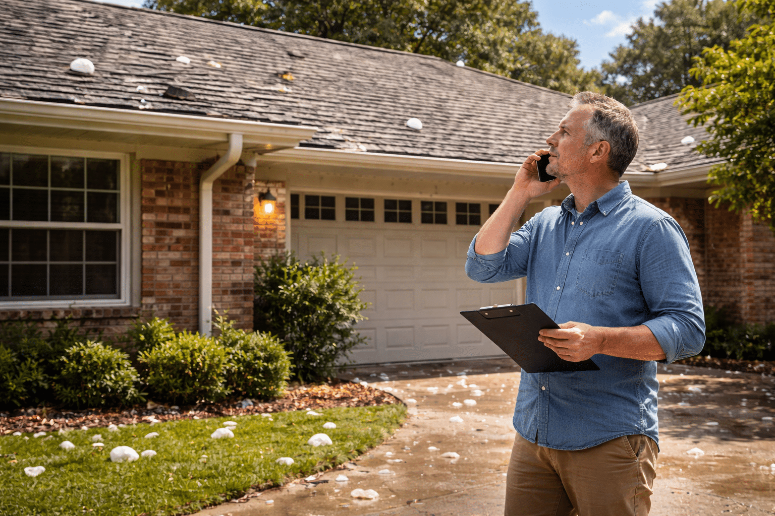 Texas homeowner photographing hail damage on a residential roof after a storm