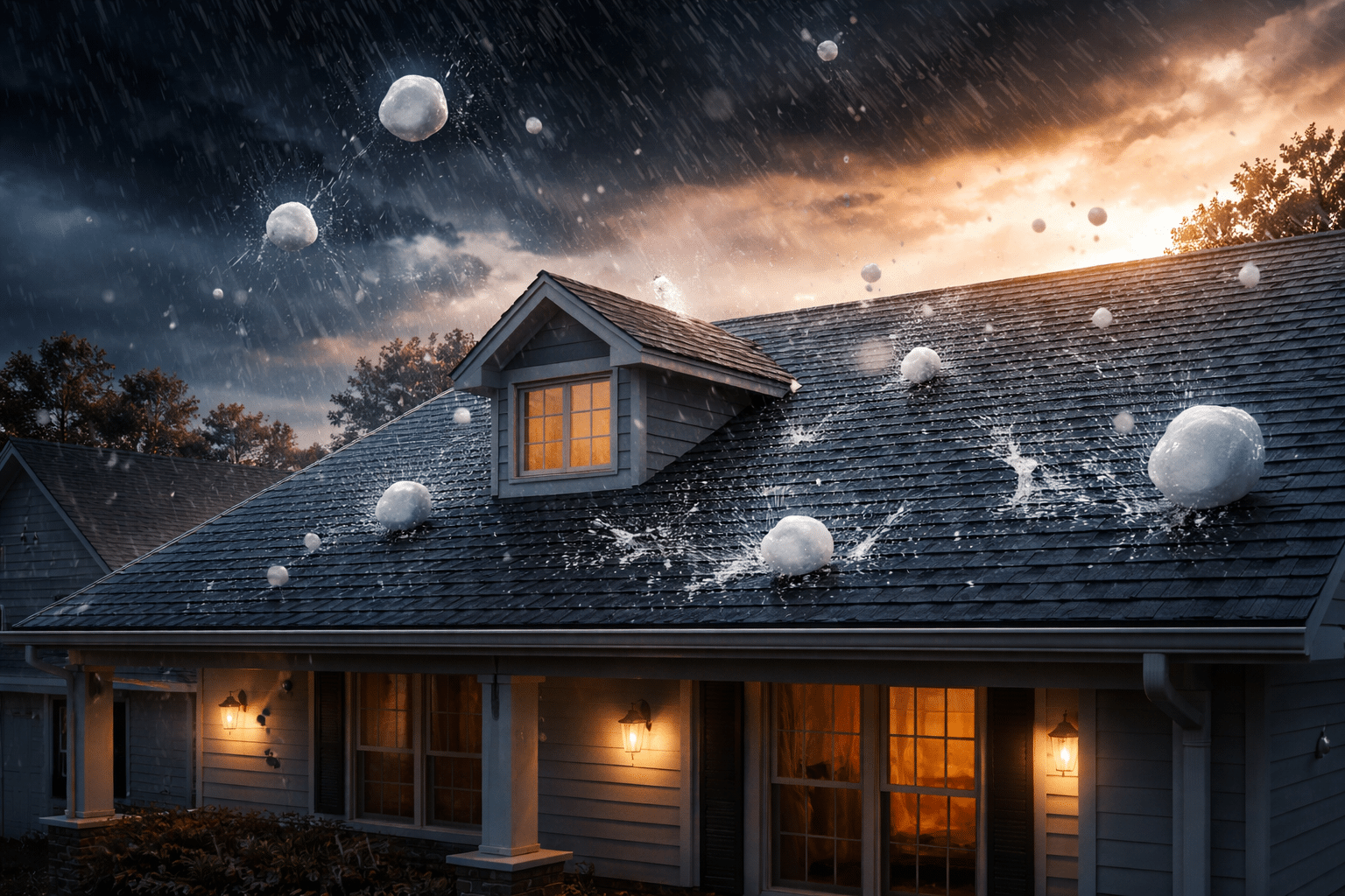 Hail damage on a Texas home roof with a homeowner reviewing an insurance policy
