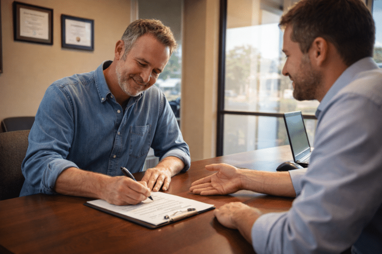 Texas homeowner shaking hands with a new insurance agent in a Fort Worth office