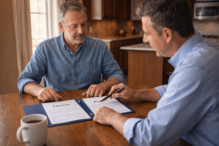 Fort Worth homeowner reviewing home and auto insurance policies with one agent at a kitchen table