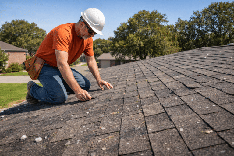 Texas suburban home mid-roof-replacement with contractor installing new shingles after hail damage