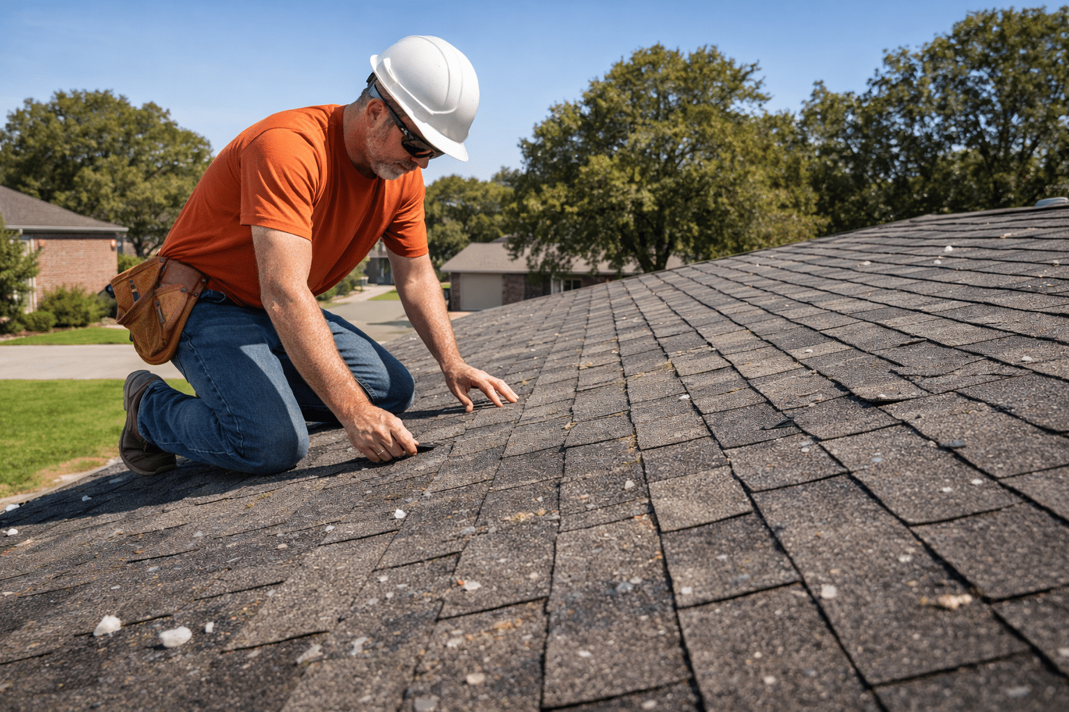 Texas suburban home mid-roof-replacement with contractor installing new shingles after hail damage